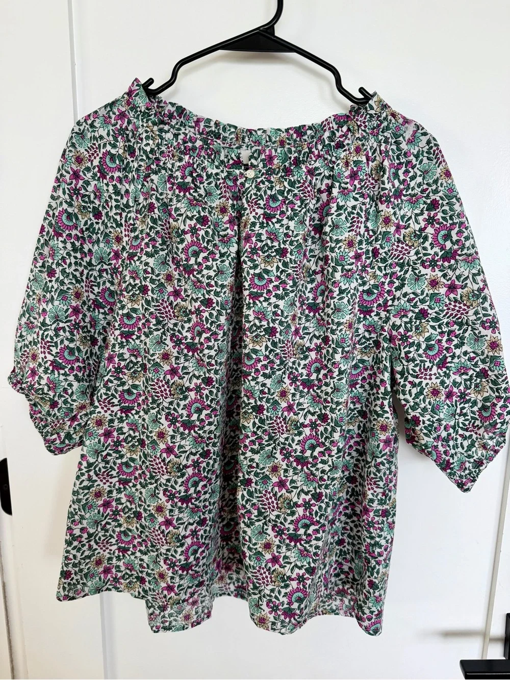 J.Crew Floral Smocked Puff Sleeve Cotton Popover Blouse L